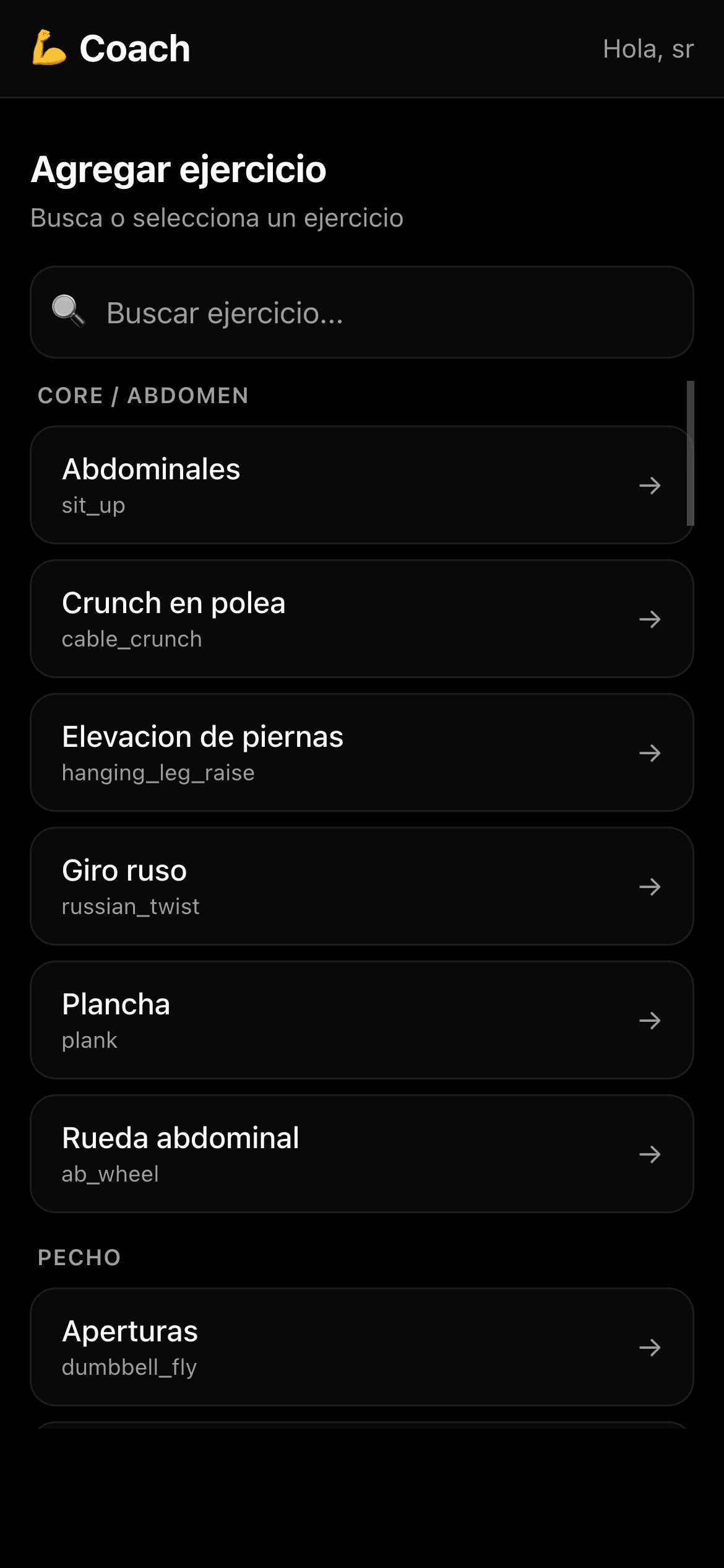 Quick Log con selector de ejercicios y busqueda