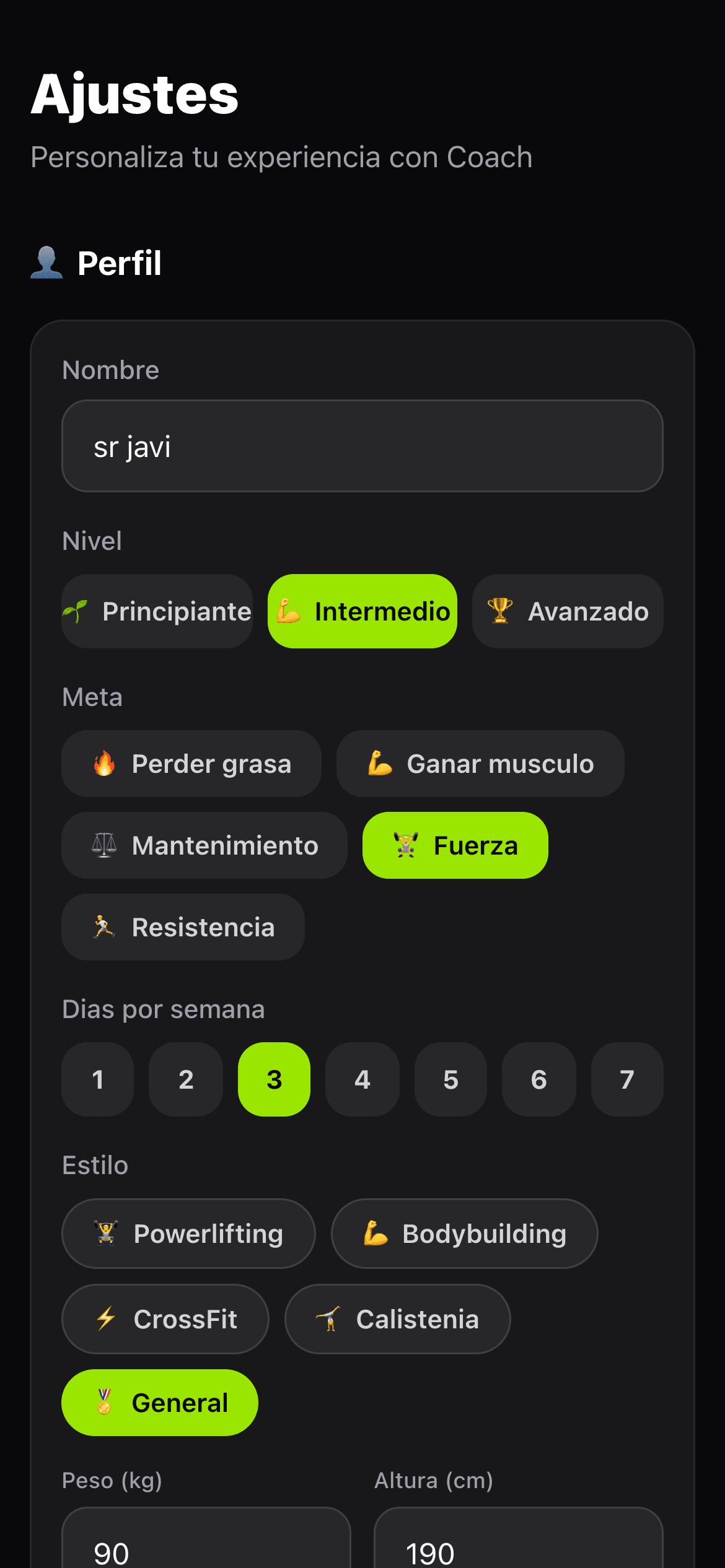 Pagina de ajustes y personalizacion del perfil